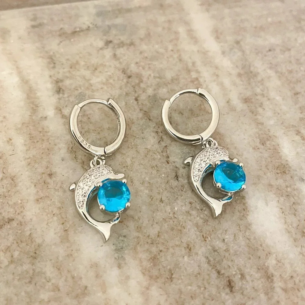 925 Sterling Silver Dolphin Earrings CZ Aquamarine Stone Dolphin Hoop Earrings - Picture 4 of 5